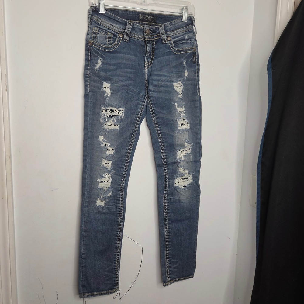 Silver Jeans Co Suki Mid Slim Distressed Lace Patch Denim Jeans W27 L31‎ Blue